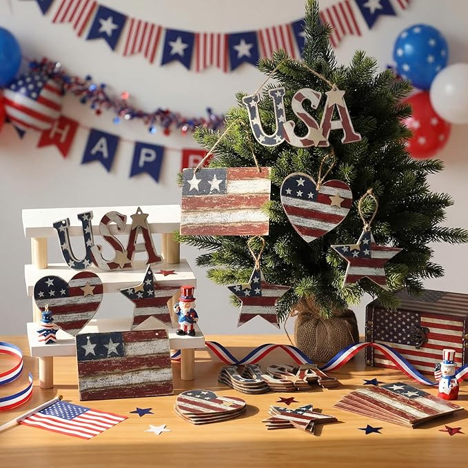 Junkin 24 Pcs 4th of July Wooden Ornaments Vintage Patriotic Tree Decorations Rustic Stars Hearts Flags USA Red White Blue Hanging Ornaments for 250th Anniversary Memorial Independence Day Party Decor