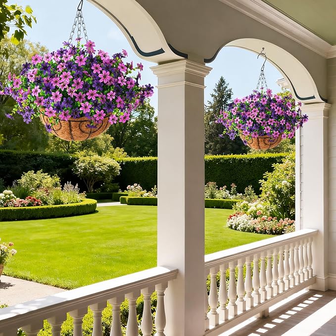 Artificial Flowers Fake Hanging Baskets for Outdoor Spring Summer Decoration, 12 Bundles Faux Hanging Plants UV Resistant, Realistic Silk Flowers for Outside Planters Porch Patio Balcony Yard Garden