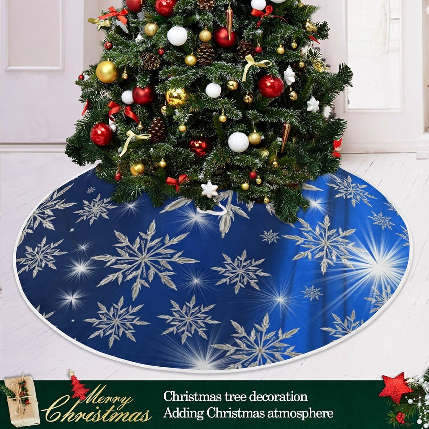 Christmas Blue Snowflakes Background Tree Skirt, Seasonal Tree Mat Holiday Party Supplies Ornaments Indoor Outdoor Decorations for Tabletop Trees 47.2 Inches