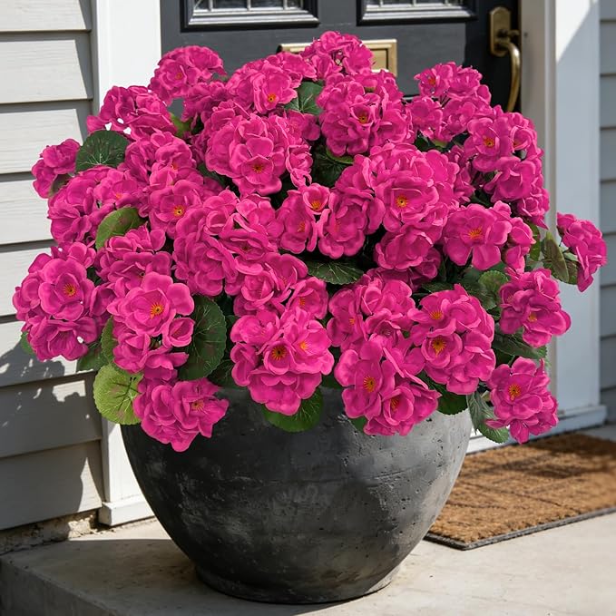 Ouddy Decor Artificial Geranium Flowers for Outdoors, Fake Silk Flowers UV Resistant Faux Geraniums for Vase Planter Garden Patio Balcony Porch Indoor Outdoor Spring Summer Home Decor, 12 Pcs Rose Red