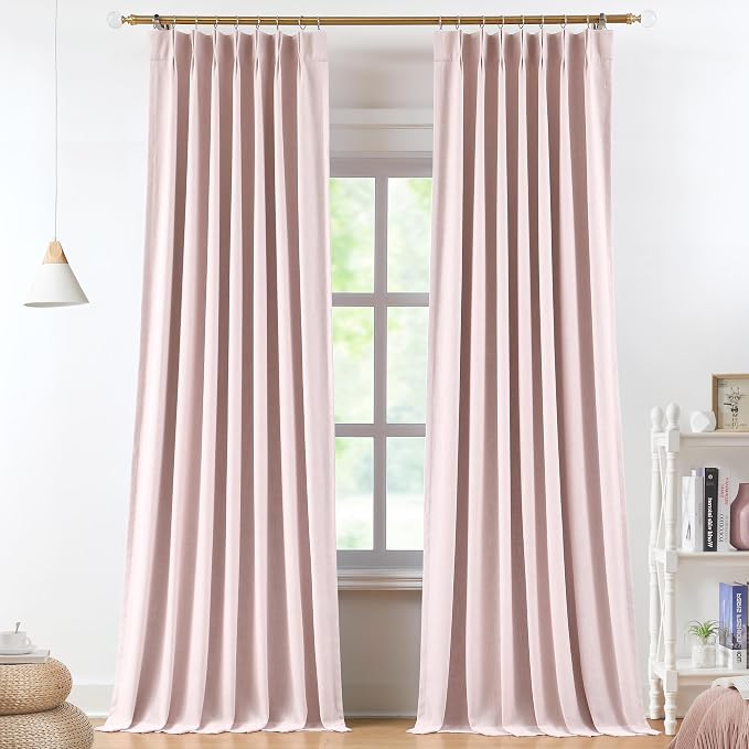 Vision Home Soft Pink Pinch Pleated Full Blackout Curtains Linen Blended Room Darkening Curtain Panels 120 inch for Living Room Bedroom Thermal Insulated Pinch Pleat Drapes with Hooks 40" Wx120 Lx2
