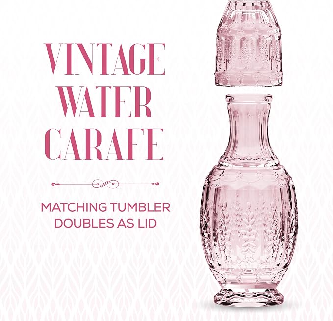 Elle Décor Vintage Bedside Water Carafe With Tumbler – Elegant Pitcher and Matching Drinking Glass Doubles As Lid For Guest Room, Office-Makes A Gift, 4.7x10.4, Pink