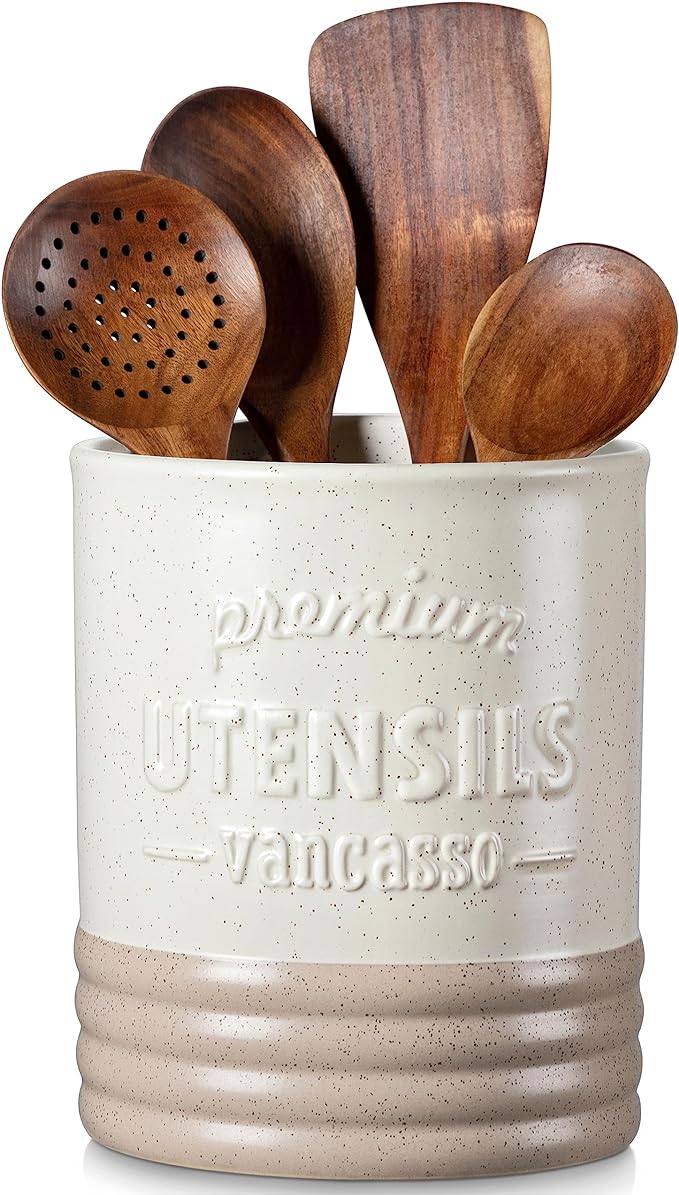 vancasso Sabine Utensil Holder, 7.2" Large Utensil Crock for Kitchen Counter, Ceramic Utensil Crock Storage, Matte Cream-Colored Farmhouse Utensil Organizer, Utensil Storage for Home Décor, Gifts