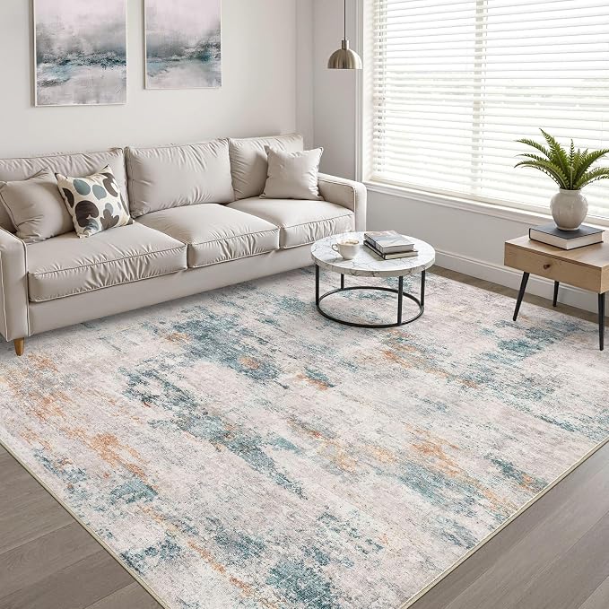10x13 Area Rug Living Room: Washable Large Neutral Aqua Brown Rugs Abstract Soft Modern Stain Resistant Indoor Floor Non-Slip Carpet for Bedroom Nursery Kids Office Playroom Dining Room Under Table