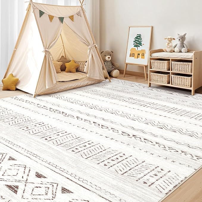 cotiled 8x10 Area Rug Living Room: Washable Boho Rugs with Non Slip Backing Large Soft Indoor Stain Resistant Carpet for Bedroom Farmhouse Dining Room Lightweight Home Decor L Brown/Cream