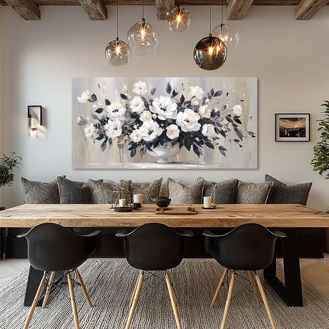 Ggaafet Black and White Flowerpot Wall Art for Living Room Canvas Oil Painting Prints Beautiful Flowers Floral Blooming Art Deco Pretty Artwork Office Bedroom Family Dining Room Decor Extra Large