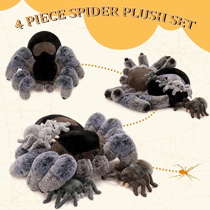 MorisMos 4Pcs Large Spider Plush, 16inch Mommy Spider Stuffed Animals with 3 Babies, Realistic Plush Toys, Soft Cuddly for Kids Boys Girls
