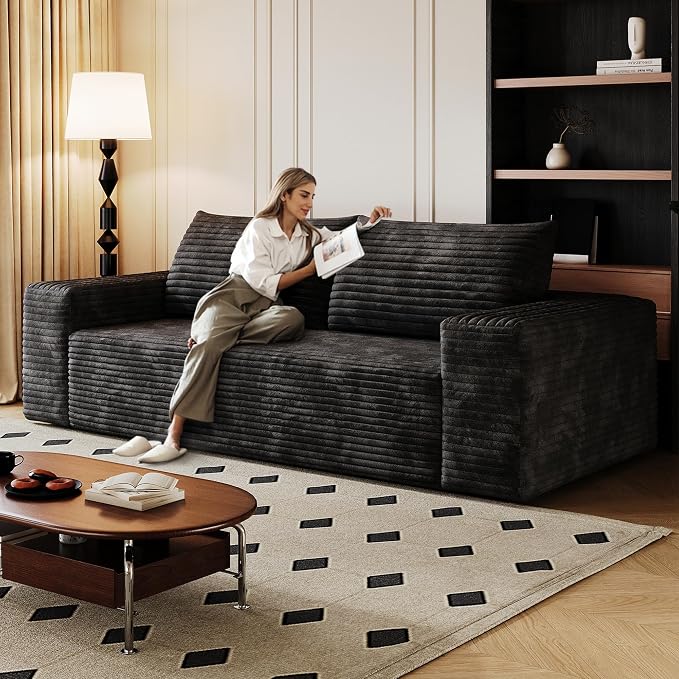 JINGLING 63" Small Couches for Small Spaces | Boneless Couch in a Box: Compressed Sofa | Apartment Furniture Love Seat for Living Room & Bedroom | No Assembly | Corduroy | Black