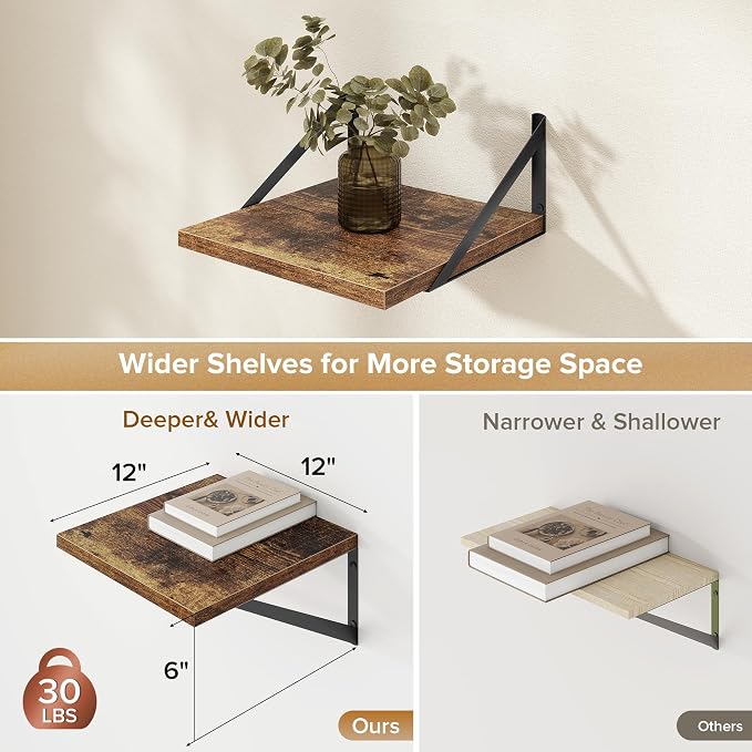 Acovy Deep Floating Shelves Wall Mounted, 12"x12" Brown Wood Shelves with Brackets Set of 2 for Bedroom, Living Room, Bathroom, Kitchen, Office - Storage & Display Shelf for Decor, Books, Plants