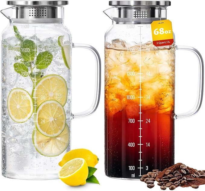 2-Pack 68oz Glass Pitcher with Lid and Handle – Borosilicate Glass Carafe for Hot/Cold Drinks, 2 Liters High-Temperature Resistant Water Pitcher Perfect for Iced Tea, Coffee, Milk, and Fridge Storage