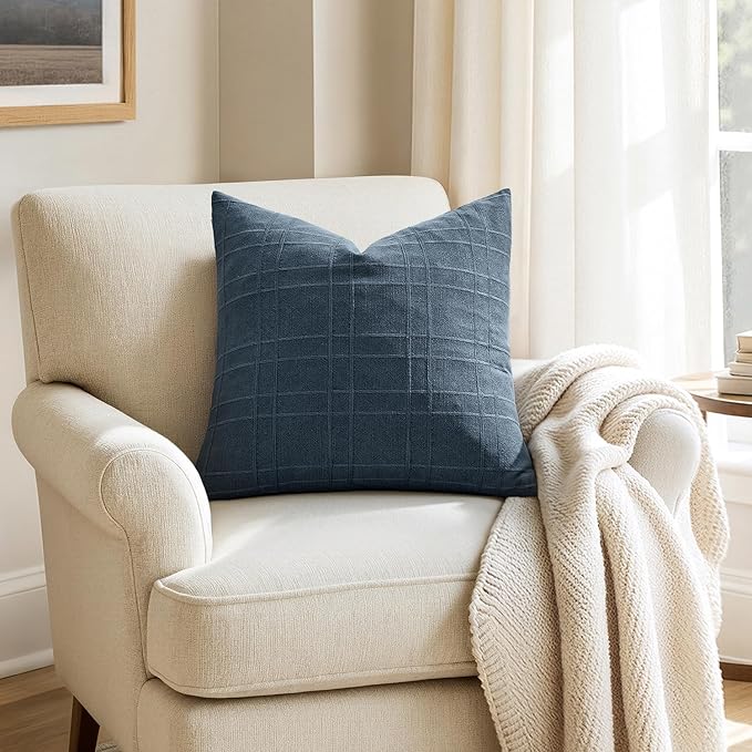 MIULEE Decorative Linen Check Throw Pillow Covers Neutral Farmhouse Vintage Pillow Covers 18x18 Set of 2 Boho Modern Home Decor for Sofa Couch Bedroom Cushion Deep Blue