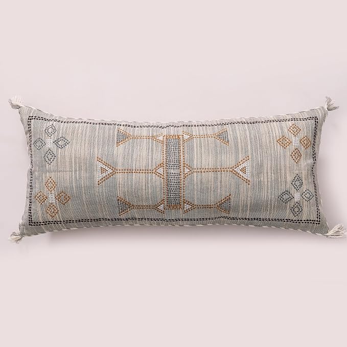 Lumbar Throw Pillow Cover (12 X 28 inches) | Hand Woven Cactus Silk White Pillow Linen Cover | Rustic Décor Bohemian Cushion Cover | Farmhouse Cotton Pillow Case | Decorative Throw Pillow Dress
