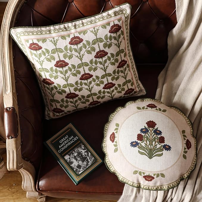 ISAENNE Elegant Linen Throw Pillow Cover,Set of 2,Diameter 16"-Estonia E | Designer Vintage Round Pillow Cover,Concealed Zipper Design,Floral Pattern,Sofas,Bedroom,Living Room,Lounge Chairs