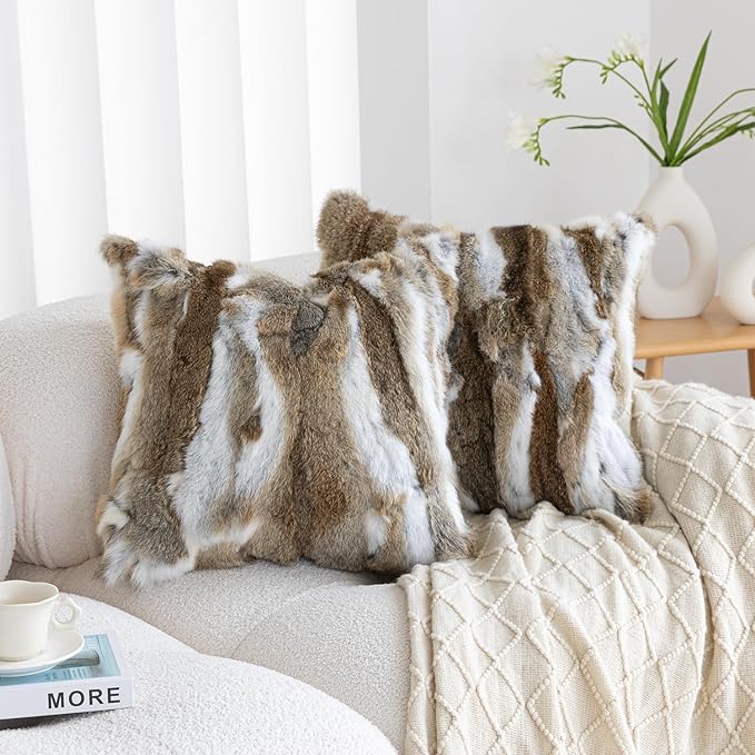 Genuine Rabbit Fur Pillow Covers Set of 2,Luxury Decorative Throw Pillowcases Fluffy Animal Skin Accents Bolster Cushion Cover for Couch Sofa Bedroom Living Room Home,18x18 inch,Yellow