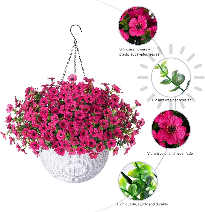 HyeFlora Artificial Faux Hanging Flowers Plants Basket for Outdoor Outside Porch Spring Decoration, Fake Silk Hotpink Daisy UV Resistant Look Real in Planter for Home Patio Balcony Garden