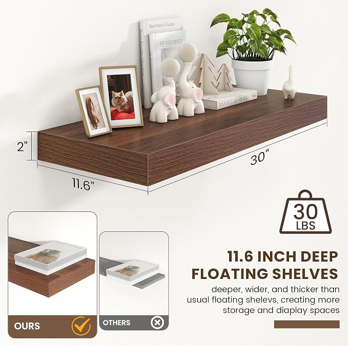 FLYJOE 30 Inch Floating Shelves | 12 Inch Deep Walnut Floating Shelves | 30" W x 12" D Rustic Wood Shelves for Wall | Deep Walnut Shelves for Living Room Bathroom Laundry Room Kitchen