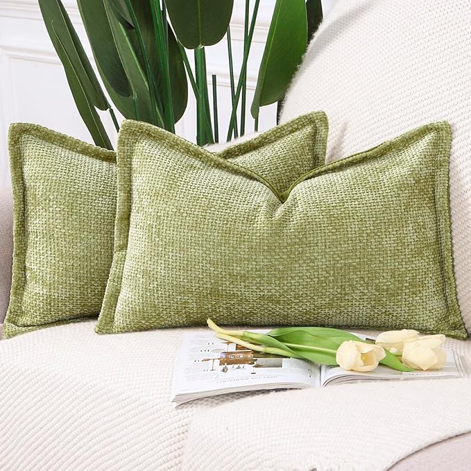 MADIZZ Decorative Chenille Velvet Throw Pillow Covers Set of 2 Soft Boho Textured Neutral Couch Throw Pillow for Bed Modern Farmhouse Home Decor for Sofa Livingroom Light Green 12x20 Inch