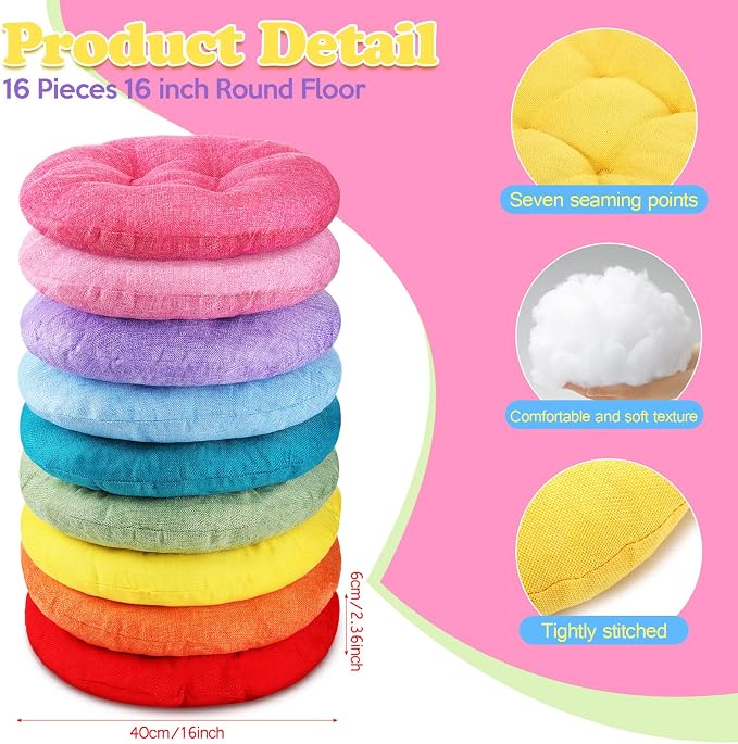 Fumete 16 Pcs 16 Inch Floor Cushions Pillow for Kids Bulk Classroom Round Flexible Seating Floor Cushions for Students Home Daycare School Reading Corner Yoga Meditation Picnic (Rainbow and Morandi)