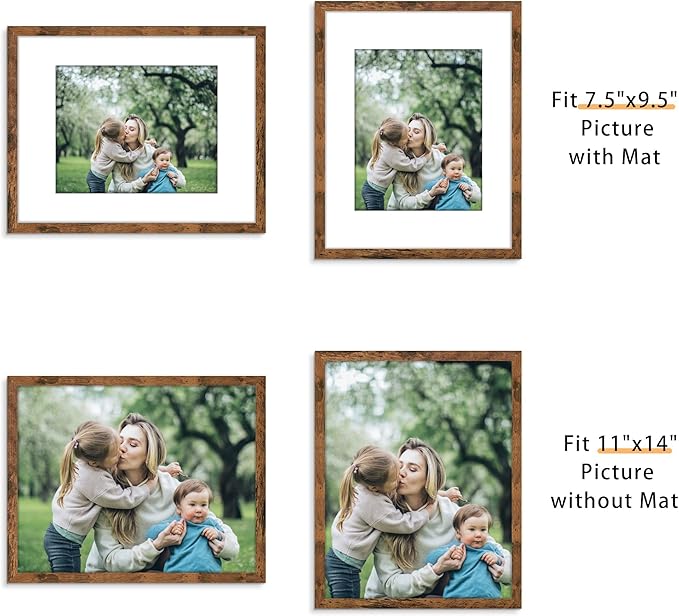 Picrit 11x14 Picture Frame Set of 12, Display 8x10 with Mat or 11x14 without Mat, Photo Frames for Wall Mounting or Table Top Display, Brown