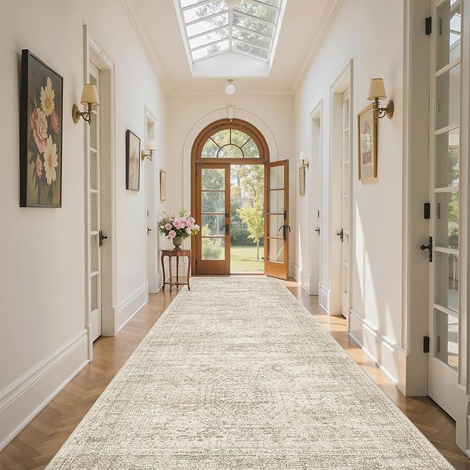 Soalmost 4x10 Wide Hallway Runner Rug: Washable Soft Rug Runners for Living Room Bedroom Ktichen, Stain Resistant Low Pile Area Rugs Non Slip Floor Carpet (Beige, 4x10)