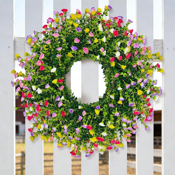 Spring Wreaths for Front Door, 24 Inch Large Farmhouse Colorful Cottage Wreath, Extra-Full 378 Silk Artificial Carnation Floral Wreath, Blossom & Greenery Hanging for Porch, Home Summer Decorations