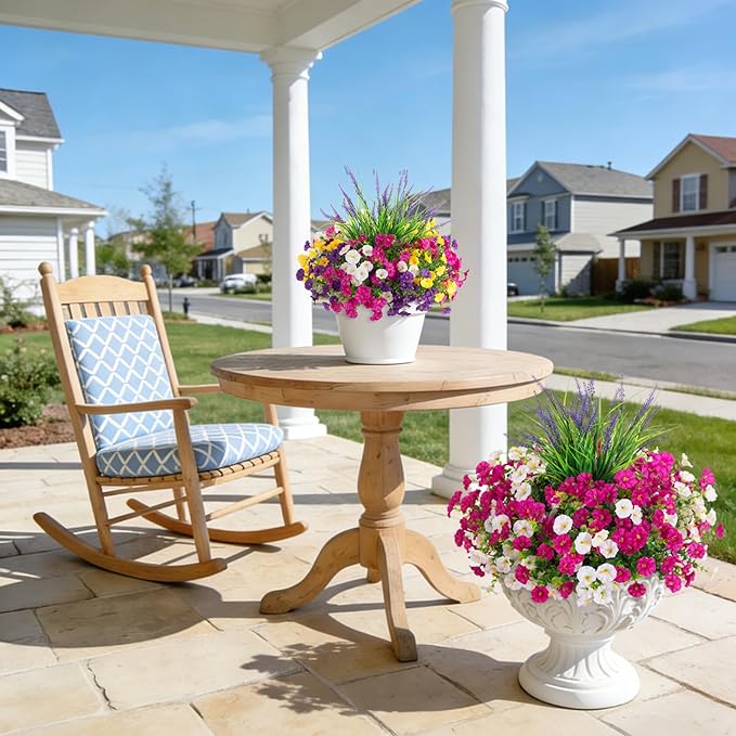 Artificial Flowers Fake Plants for Outdoors Decoration, 12 Bundles Silk Morning Glory with 2PCS Lavender Realistic UV Resistant Faux Spring Flowers for Outside Planter Yard Patio Garden Home Indoor