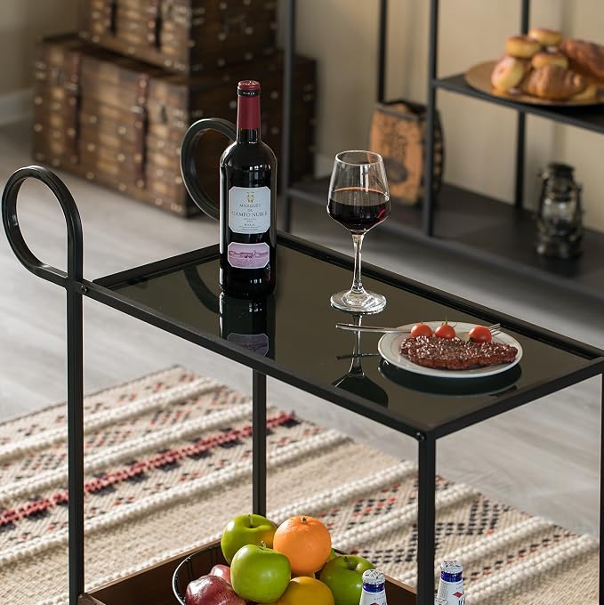 Vintiquewise Metal Bar Cart with Glass Shelves, Rolling Wheels & Handles, Large Modern Brass Mini Bar for Home, Dining, Living Room, Basement, Liquor Table