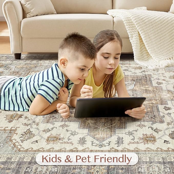 Tortania Area Rug Living Room Rugs - 10x14 Washable Boho Rug Vintage Oriental Distressed Farmhouse Large Thin Indoor Carpet for Living Room Bedroom Under Dining Table Home Office - Greige