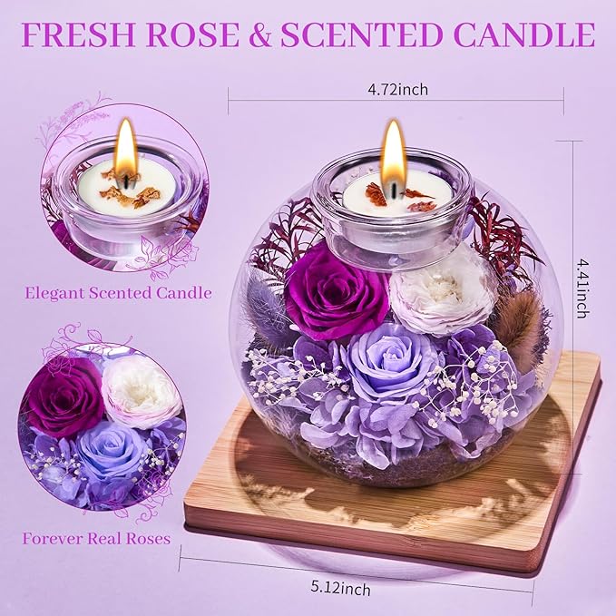 Mothers Day Rose Gifts for Mom Birthday Gift for Women Flowers for Delivery Preserved Flowers Forever Eternal Rose in Glass Dome Mother's Day Flower Gifts for Wife Grandma Sister from Daughter, Purple