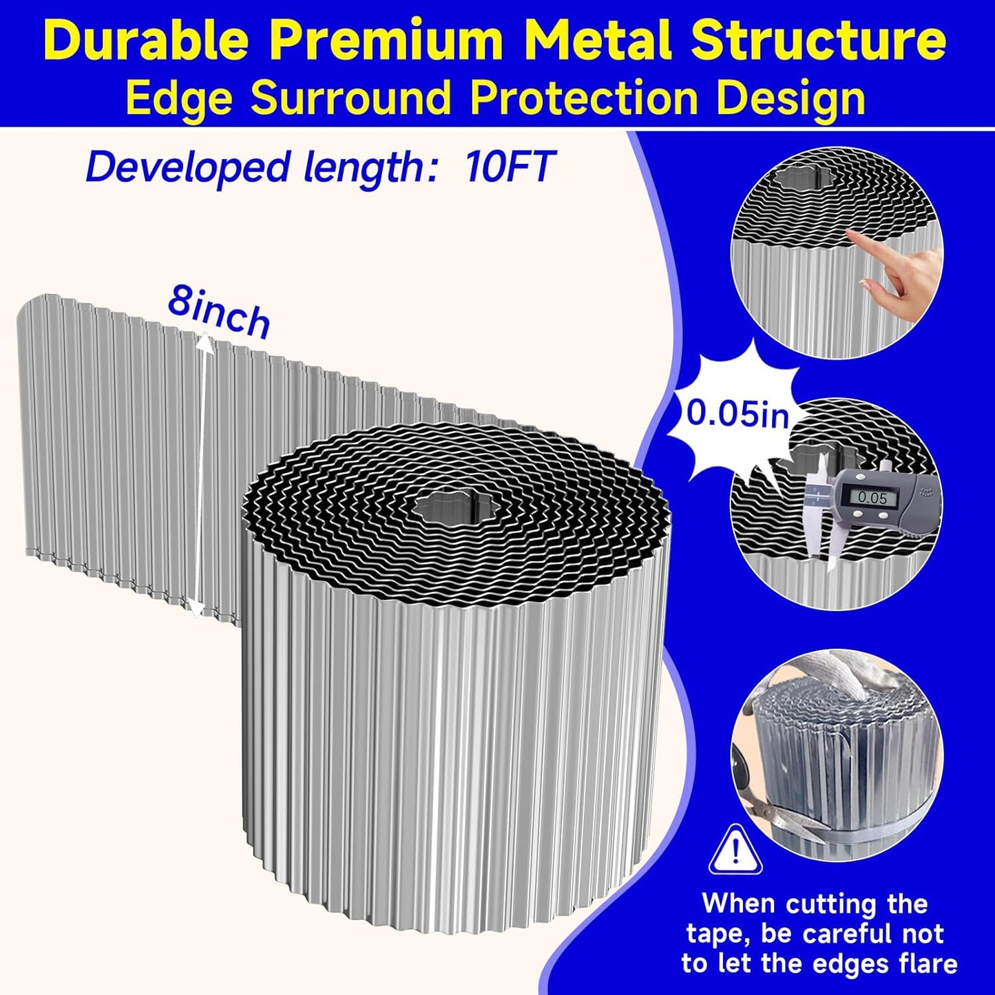 Corrugated Garden Edging,8"×10Ft Galvanized Steel Landscape Edging & Lawn Edging Border, Metal Garden Border for Flower Beds, Garden，Lawn，Raised Beds & Tree Surrounds (Silver)