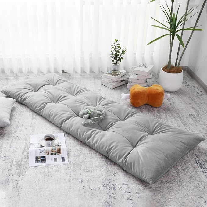 BALAPET Floor Lounger Pillow,Foldable Light Thick Tufted Floor Pillow Cushion with Elasticized Webbing for Easy Storage Floor Lounger for Meditation, Playing, Yoga, Reading, Sleeping(Light Gray)