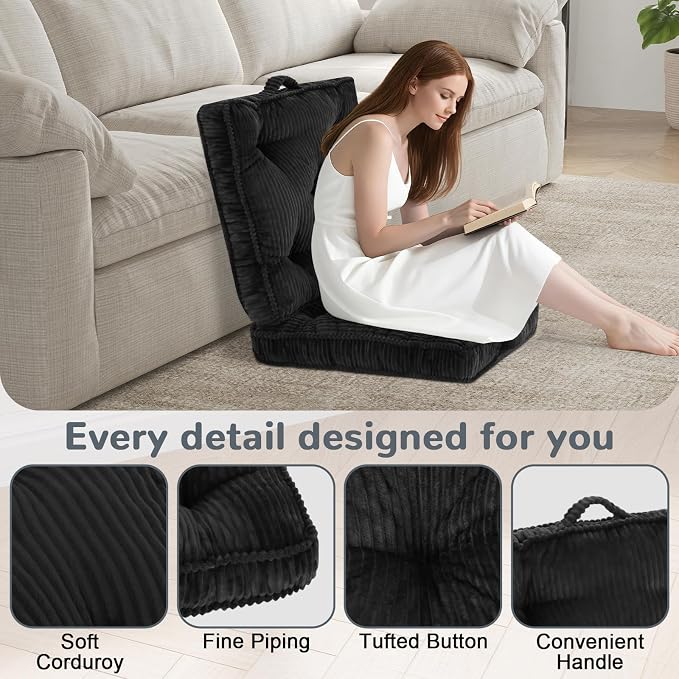 Meditation Floor Cushion, 22x22 Tufted Floor Cushion for Adults, Square Large Meditation Cushion Pillow, Corduroy Sitting with Handle, Yoga Seating for Tatami, Dark Grey, 1Pack