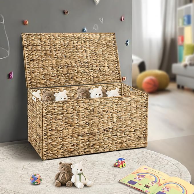 Water Hyacinth Storage Basket with Lid, 52.8 Gallon (200L) Wicker Storage Trunk with Handles, Handwoven Large Wicker Storage Basket for Blanket, Foldable, for Living Room, Bedroom, Natural