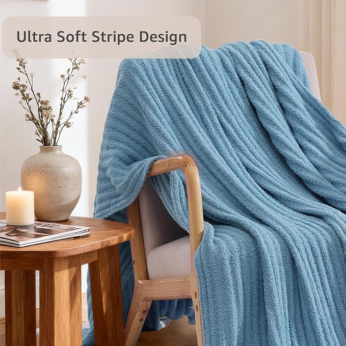 WRENSONGE Soft Twin Blanket for Bed-Cozy Warm Reversible Knitted Blankets | Lightweight Fluffy Decor for Women, Mom, Her & Girls, Sofa, Chair, Couch, 60x80in, Blue