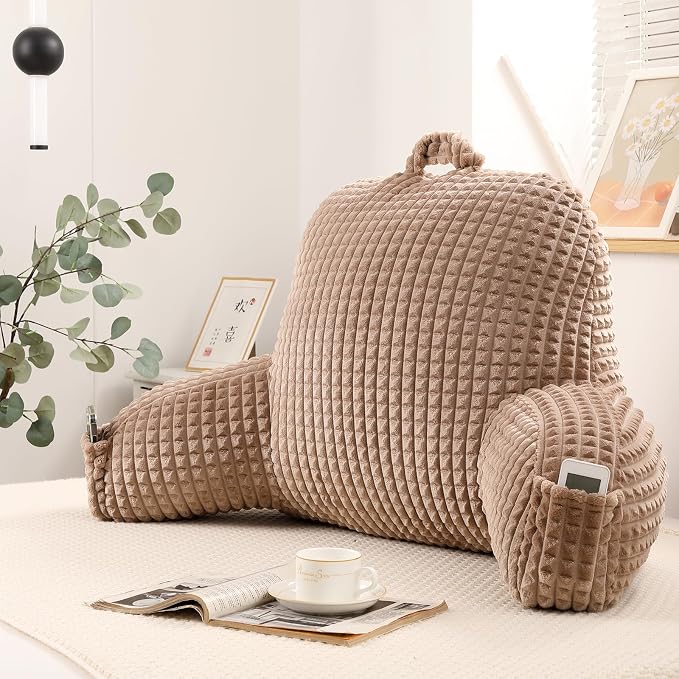 Reading Pillow with Arms for Bed Sitting,Khaki Flannel | Large Supportive Backrest with Arms Helps Ease Neck,Shoulder & Arm Strain While Gaming Reading or Watching TV