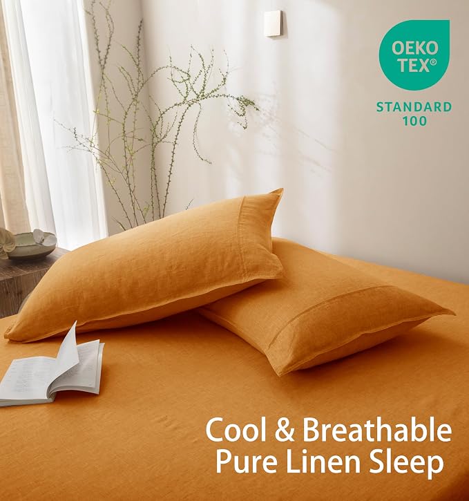 Talasily 100% French Linen Pillow Case Queen Size Set of 2,Oeko-TEX Certified Stone Washed Flax Pillow Shams with Envelope Closure - Breathable & Cooling for Hot Sleepers（Caramel,20''x30''）
