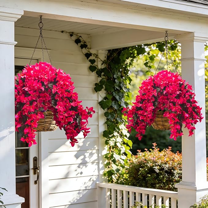 Grunyia Artificial Bougainvillea Flowers – 4 Pcs UV Resistant Fake Flowers with Silk Petals, Realistic Trailing Plants for Outdoor Indoor Wall Garden Home Wedding Decor (Hot Pink) (Rose Red)