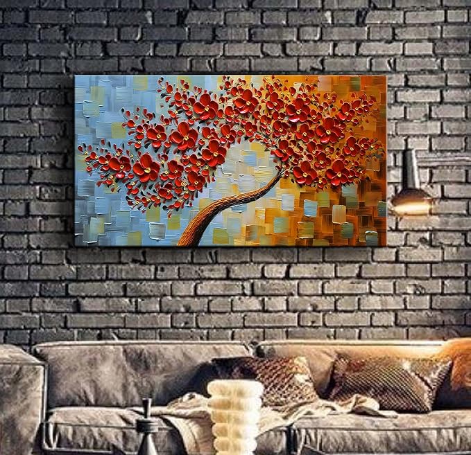 YaSheng Art -handpainted Modern Wall Art ,3D Texture Flowers Artwork Oil Painting, Abstract Canvas Wall Art Red Tree Paintings, Modern Home Wall Art for living room Bedroom Dining Room Office Wall Decor 24x48inch