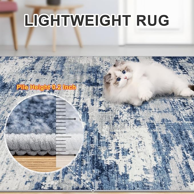 8x10 Area Rugs for Living Room - Washable Rug Modern Abstract Soft Large Neutral Non-Slip Carpet Indoor Floor Thin Carpets for Bedroom Dining Room Farmhouse Nursery Home Office Blue Gray