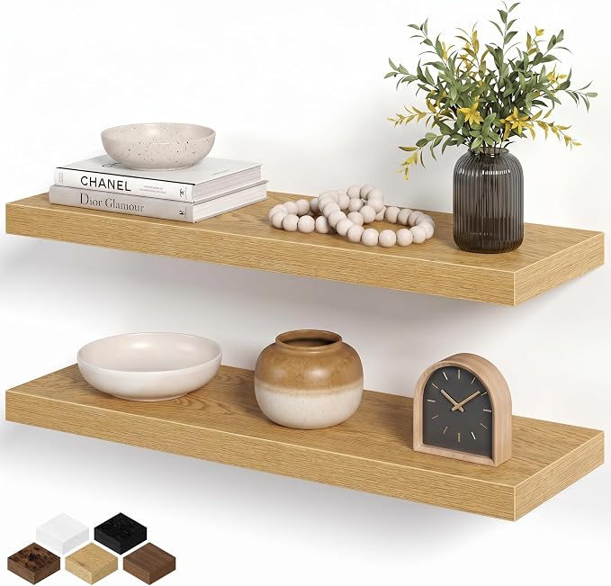 Floating Shelves for Wall, 28 Inch Floating Shelves Set of 2, Wall Mounted Rustic Wood Shelf for Bathroom, Living Room, Bedroom and Kitchen, Hanging Shelf for Storage, Books, Home Decor, Oak
