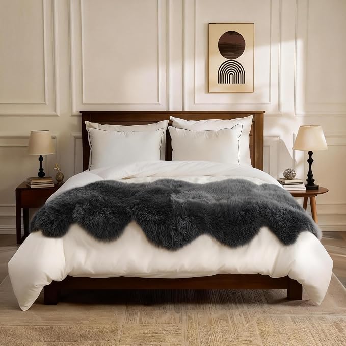 Premium Genuine Sheepskin Area Ruge - Real Wool Fur Shaggy Carpet | Fluffy Soft Natural Lambskin Rug Seat Chair Covers for Couch Sofa Bedroom Living Room(Dark Grey,2×6 Feet Sheepskin)