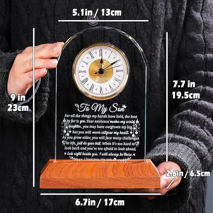Arikyrist Meaningful Glass Clock Gifts for Son from Mom Dad Graduation with Wooden Light Base I Love You Personalised Glass Plaque Presents for Best Son Birthday Keepsakes for Him Table Decor