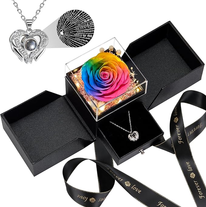 FIACO Gifts for Mom Preserved Real Roses with I Love You Necklace Fresh Forever Flowers Mothers Day Flower Gifts for Women Grandma Anniversary Birthday Gift for Girlfriend Wife Daughter