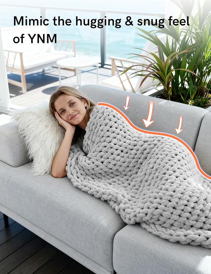 YnM Chunky Throw Blanket, Hand Knitted with Chenille Yarn, Skin Friendly, Ventilated and Breathable, Machine Washable, Home Décor Piece for Couch, Sofa and Bed (Glacier Grey, 30x40 Inch)