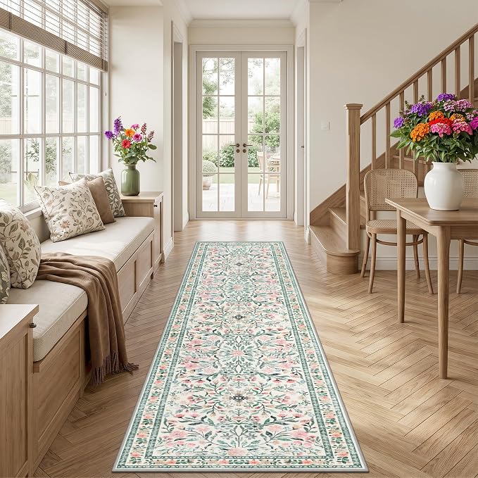 Runner Rug for Entryway: 3x10 Kitchen Rugs Floral Washable Rug Green/Beige | Ultra-Thin Non Slip Indoor Floor Carpet Stain Resistant Carpets for Hallway Bedroom Kitchen Laundry Bathroom Dorm Home Office