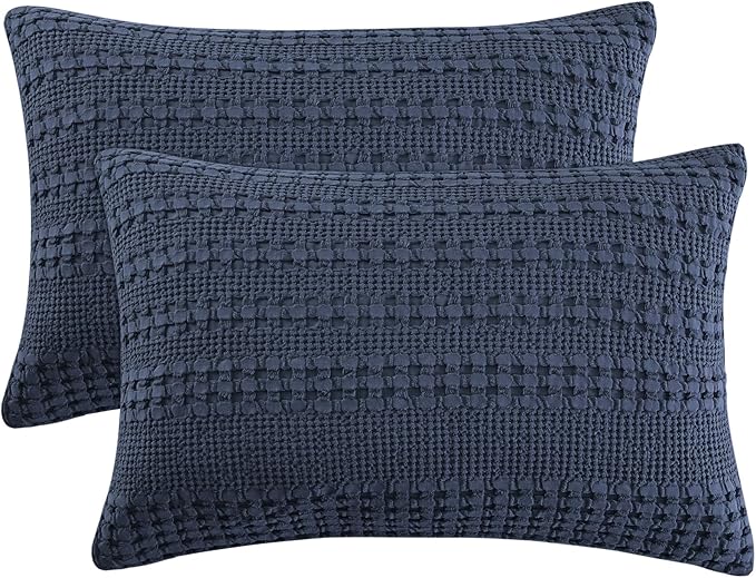 PHF 100% Cotton Waffle Pillow Shams Queen Size, 2 Pack 20" x 30" Soft Skin-Friendly Pillowcases, No Filling, Aesthetic Woven and Breathable Waffle Weave Pillow Case Covers for Bed, Indigo