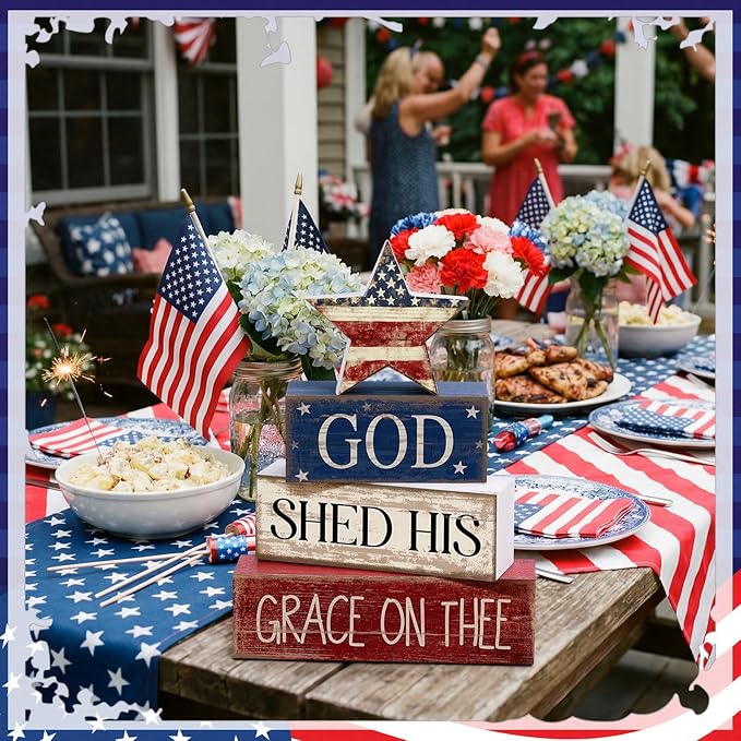 CroBlissful 4 Pcs 4th of July Decorations Patriotic Memorial Day Tabletop Decoration Red White Blue Table Centerpieces Sign for Office Tiered Tray Home Shelf 250th Anniversary(God Star)