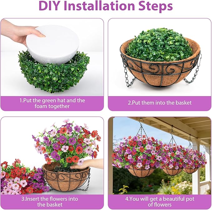 Artificial Fake Hanging Flowers Plants Basket Outdoors, Faux Silk UV Resistant Look Real Daisy Eucalyptus for Spring Summer Garden Porch Home Patio Balcony Yard Decorations, Red Purple Pink