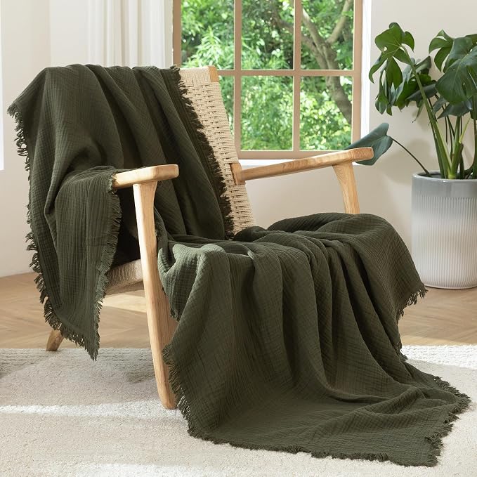 MooMee Muslin Blanket - 100% Cotton 4-Layer Gauze Throw Blanket with All-Around Fringe, Soft Breathable Lightweight Cooling Summer Blankets for Bed Couch (Olive Green,Throw 60" x 50")