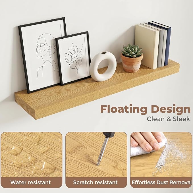 36 Inch Floating Shelves for Wall, 8"D Wood Storage Shelves, Oak Finish | Engineered Wood, Invisible Bracket, Large Storage, Easy Install, Hold Up to 55lbs, Living Room, Bathroom, Bedroom, Kitchen